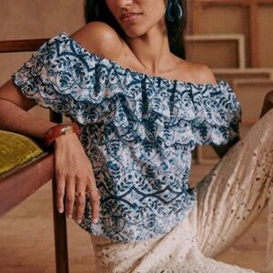 Sezane Blue and White Off-Shoulder Ruffled Blouse